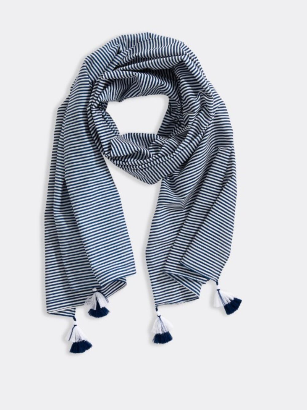 Vineyard Vines "Tiny Striped Scarf" Deep Bay Navy Gray Stripe Cotton Silk PomPom